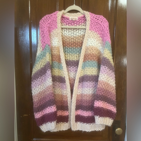 Three Bird Nest Sweaters - Three Bird Nest Knit Pocket Cardigan Pink Multi Boho Chunky Sweater